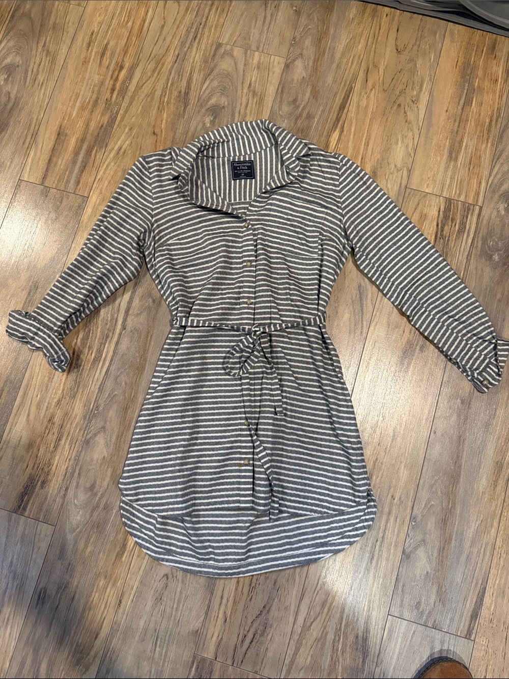 Abercrombie & Fitch Grey and White Striped Tie-Waist Mini Dress